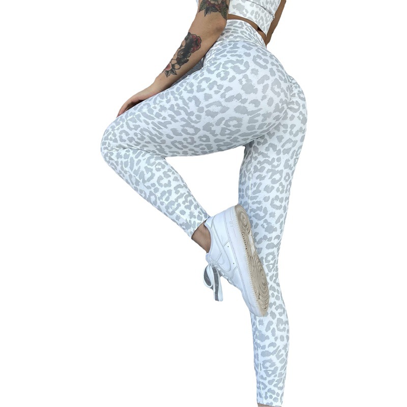 European and American Leopard Print Fitness Tights Hip Lifting Yoga Running Women's No Embarrassment Line High Waist Elastic Breathable Naked Skin Friendly