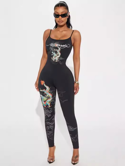 Europe and the United States cross-border new sexy fashion sports tight Chinese style dragon digital printing women's jumpsuit
