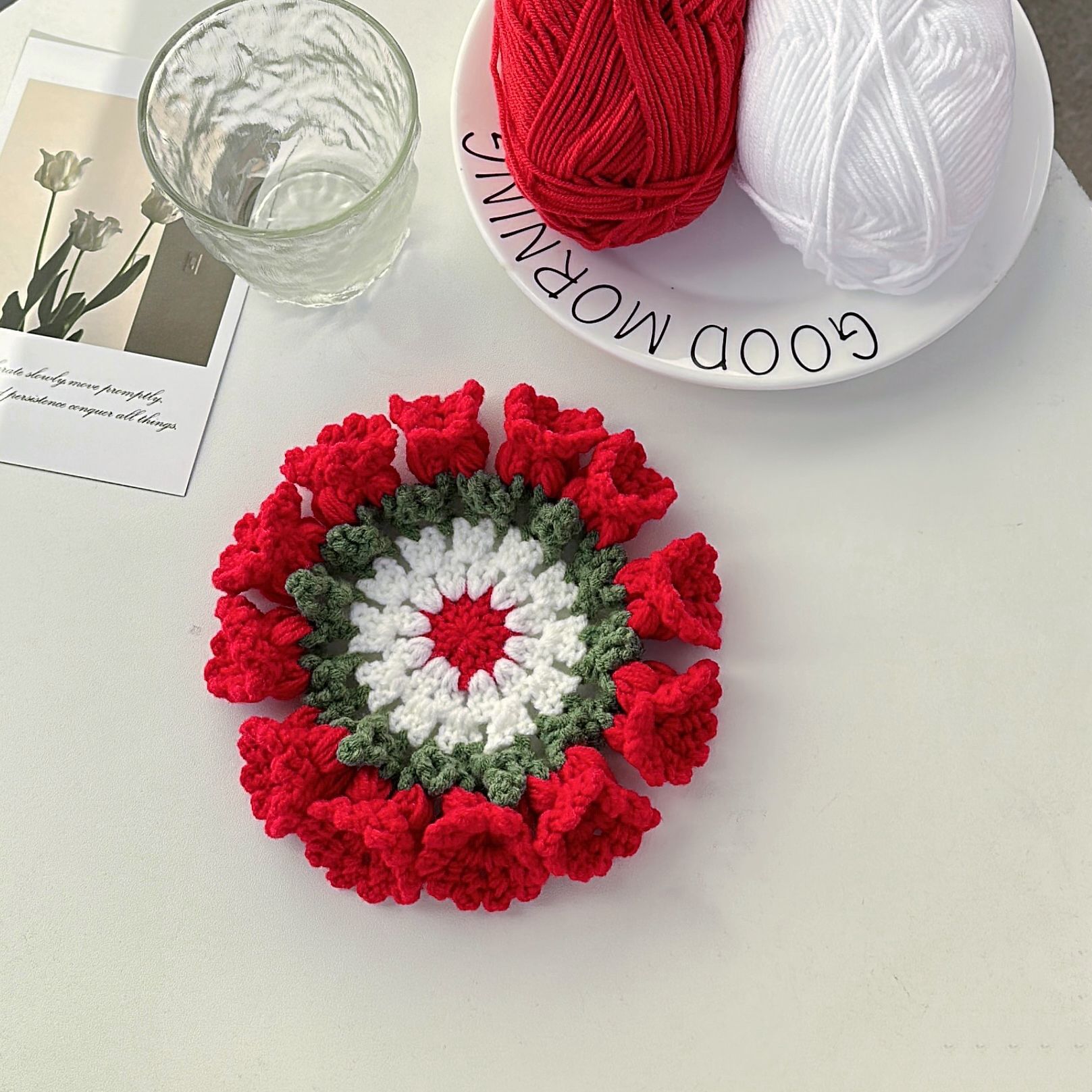Picture of Beginner Handmade Weaving DIY Materials Kit, Yarn, Crochet, Lily of the Valley Gradient Coaster Gift for Girlfriend