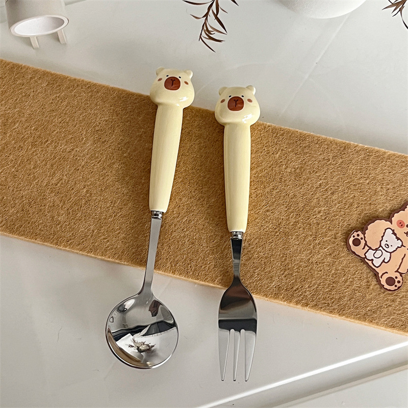 Picture of Ceramic Handle Cute Cartoon Skin Spoon Chopsticks suit Portable Tableware Cartoon Spoon Fork for Students
