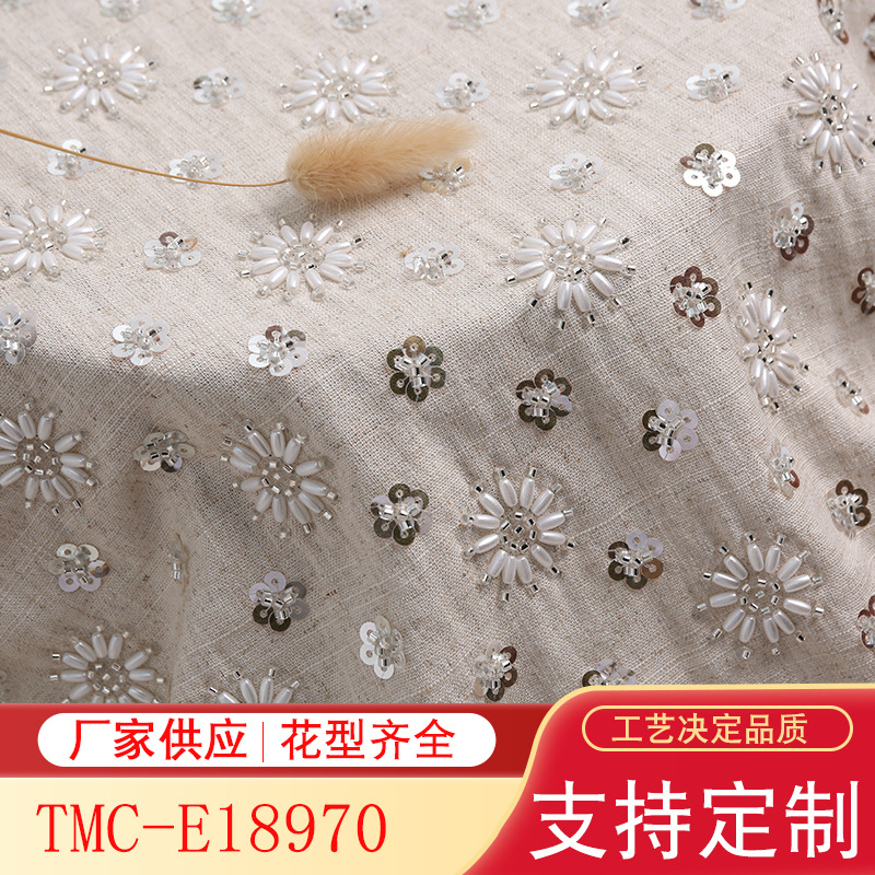 Cotton and linen base embroidery fabric, bead tube sequin embroidered fabric, linen fashion women's vest coat fabric