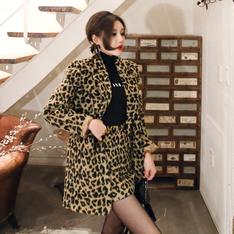 Western Style Suit Women's 2021 Autumn and Winter Korean Style Vintage Suit Jacket Slim-fit All-match Leopard Print Woolen Two-piece Fashionable Dress