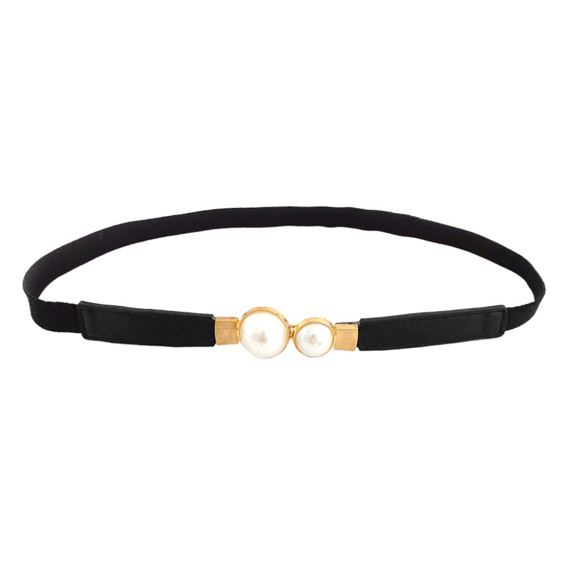 Temperament Girdle Retro Style Pearl Buckle Thin Belt Women's Dress Elastic Elastic Belt Hook Narrow Cross-Border