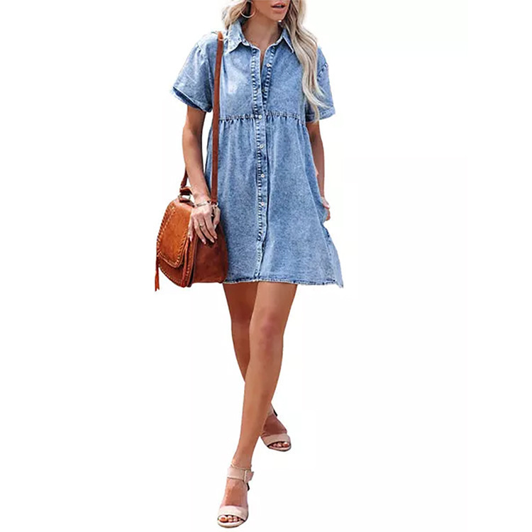 Cross-border Foreign Trade Amazon Europe and America Washed Denim Lapel Loose Sweet Ruffle dress Skirt New