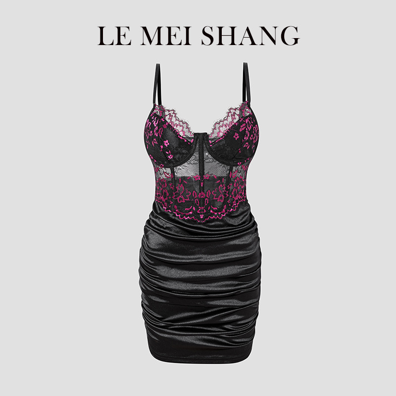 Cross-border summer European and American-style sexy lace suspenders hip steel ring fishbone temperament slim lace solid color dress