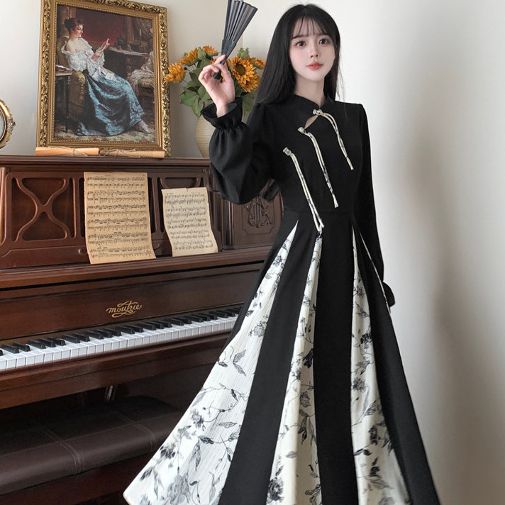 Spring and Autumn New New Chinese Style National Style Retro dress Design Sense Stitching Printing Chic Slimming Large Dress for Foreign Trade