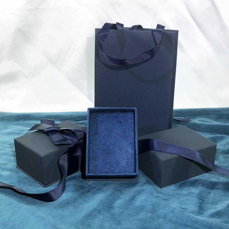 Navy Blue Ribbon Heaven and Earth Cover Paper Box Imitation Leather Velvet Lining Multi-Purpose Jewelry Box Ring Earrings Necklace Set Box