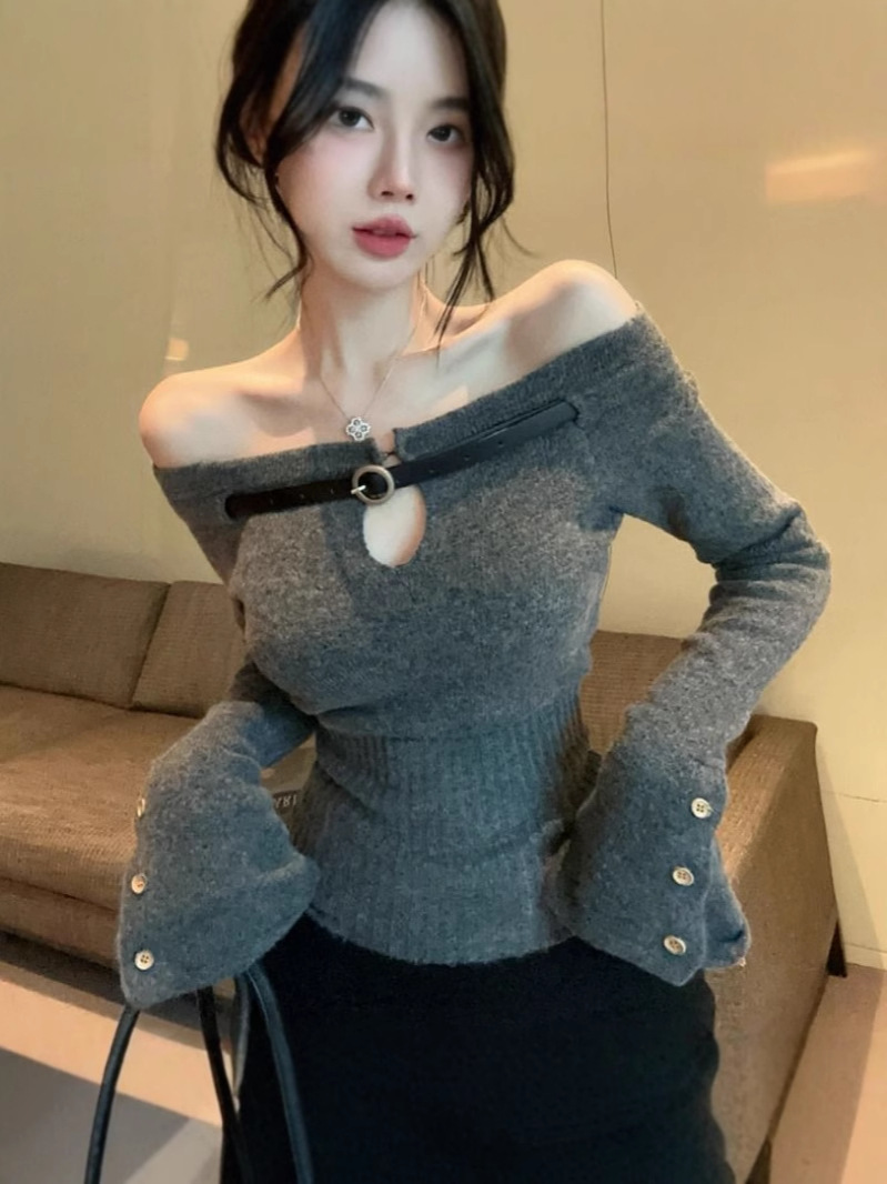 Early Autumn Lazy Style Pure Desire Retro off-shoulder Fashion Sweater Women's Sexy Spice Girls Shoulder Short Knitted Top