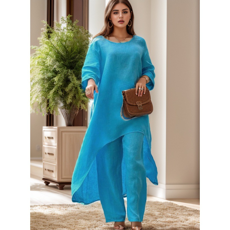Picture of 2023 European and American New Women's Cotton and Linen Fashion Casual plus size Irregular Long-sleeved suit Wide-leg Pants Two-piece Set