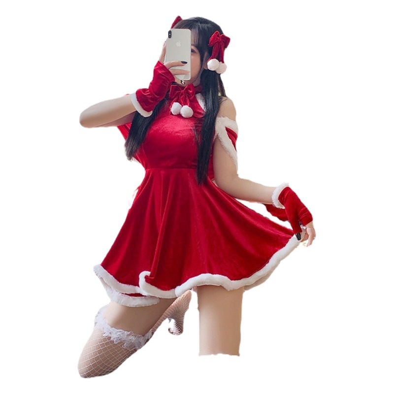 New Christmas dress Christmas suit cute sweet sexy nightgown gold velvet short skirt Halloween performance clothing pajamas