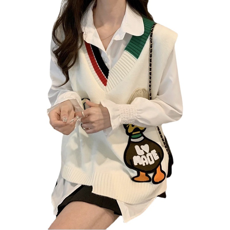 Knitted Vest Women's Sleeveless Vest Spring and Autumn 2024 New Design Sense V-Neck Contrast Color Loose Stacked Top