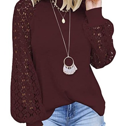 Picture of 2025 New Women's Clothing Amazon Cross-Border Round Neck Long Sleeve Lace Patchwork Loose Top for Women