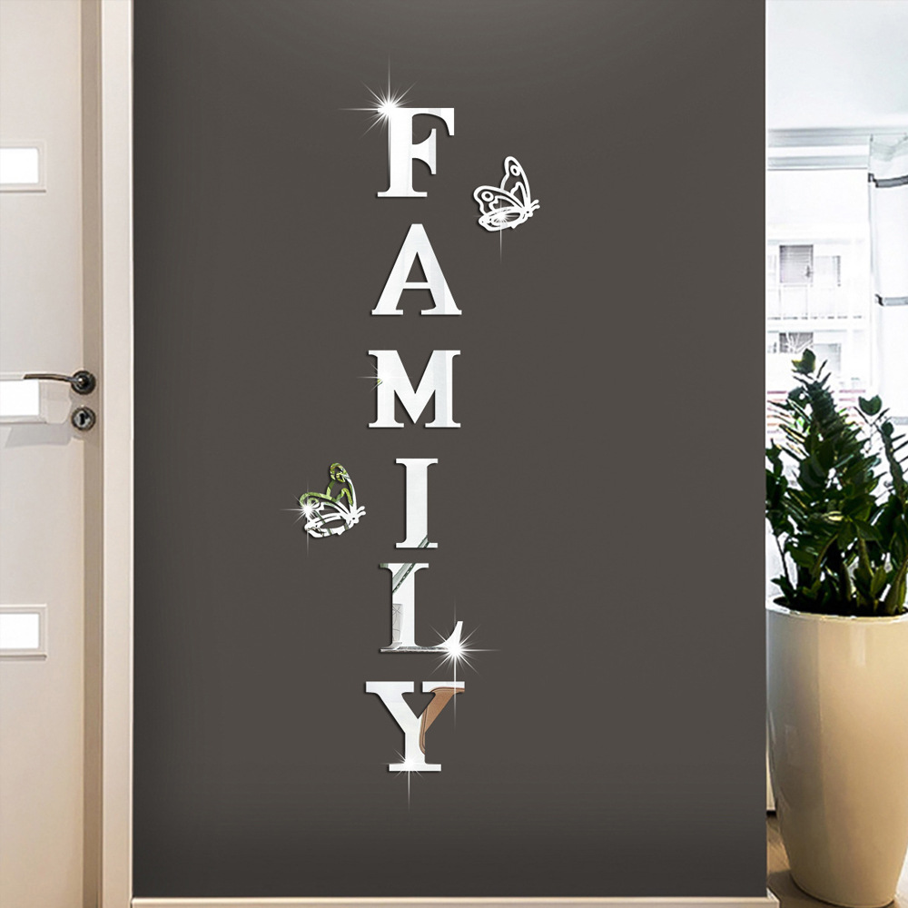 Famliy Two Butterflies Mirror Wall Stickers Family English Acrylic Wall Stickers Room Door Entrance Background Decoration
