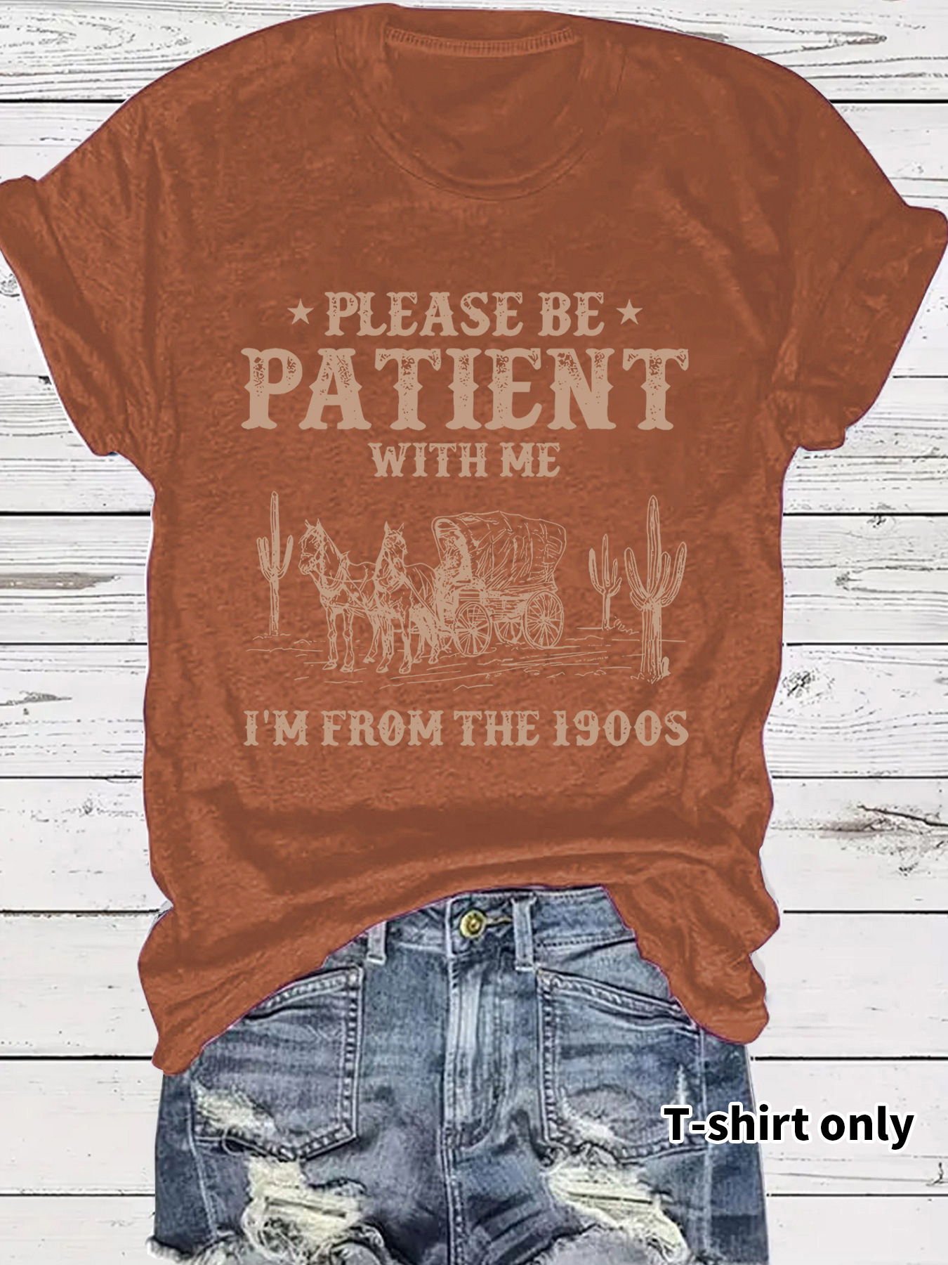 Picture of European and American Short-Sleeved Women's T-Shirts Summer Women's Clothing Western Denim Retro Pattern Round Neck Short-Sleeved Casual Fashion Export Hot Style