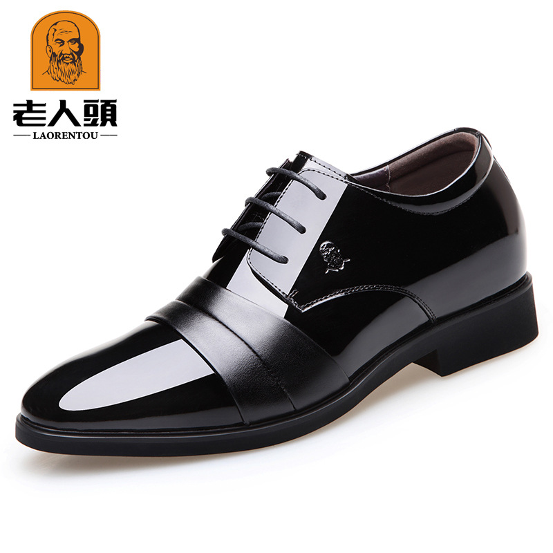Old Man's Head Spring & Fall Suit with Lace-Up Inner Height Increase 6cm Men's Shoes Breathable Business Formal Bright Leather Men's Leather Wedding Shoes 82068