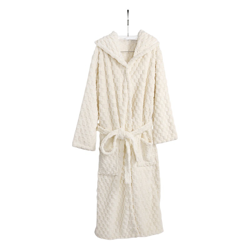 Household Autumn and Winter Skin-Friendly Bathrobe Coral Velvet Cloud Plaid Thickeneded Nightgown Extra Long Hooded Bathrobe Couple Style Bathrobe