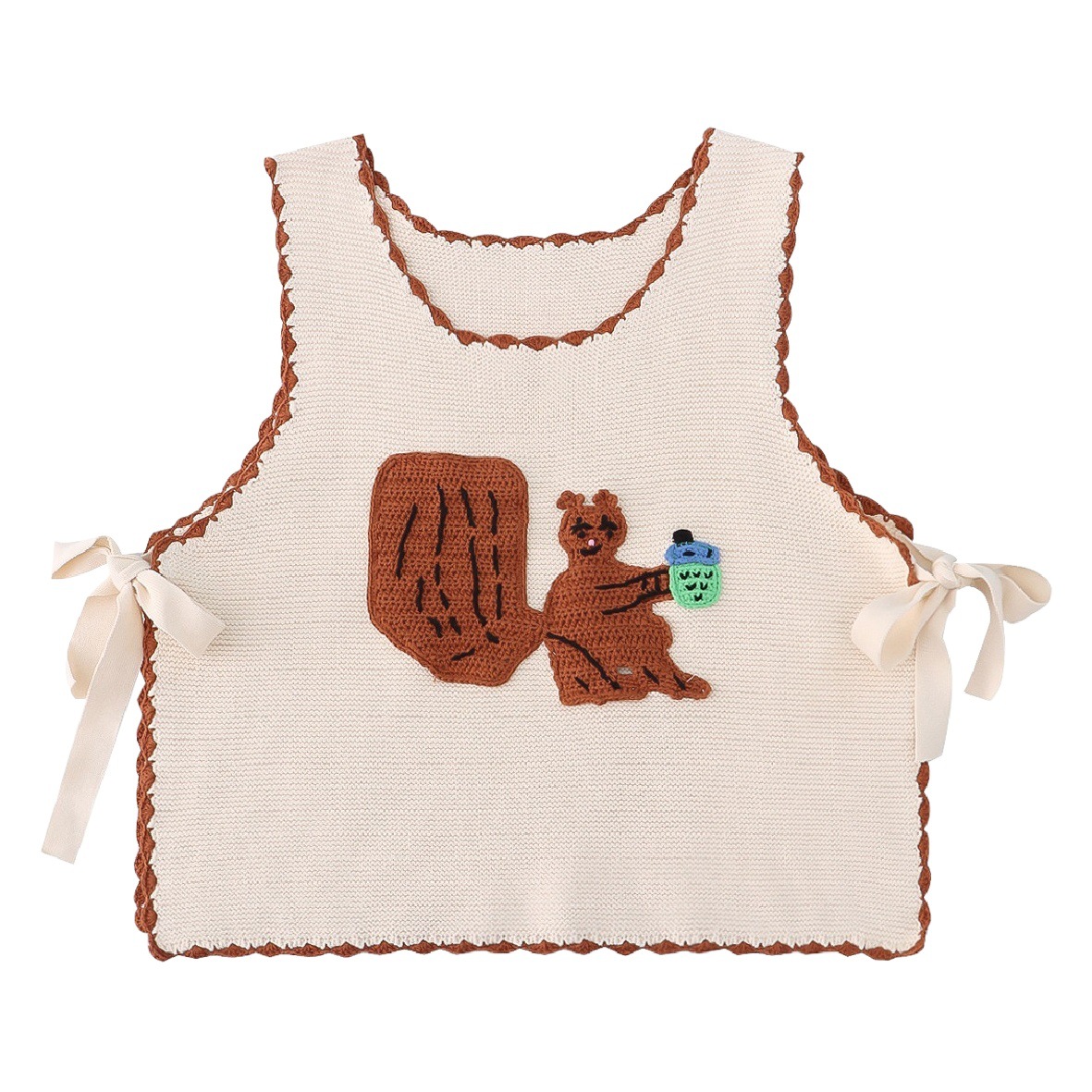 Antique Cartoon Embroidered Lace-up Pullover Knitted Vest Sleeveless Top Stacked for Small Women