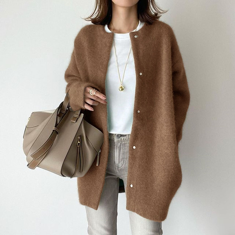 Popular Cross-border Women's Autumn Plain Knitted Coat Japanese and Korean Design Sense Niche Loose Wool Knitted Coat