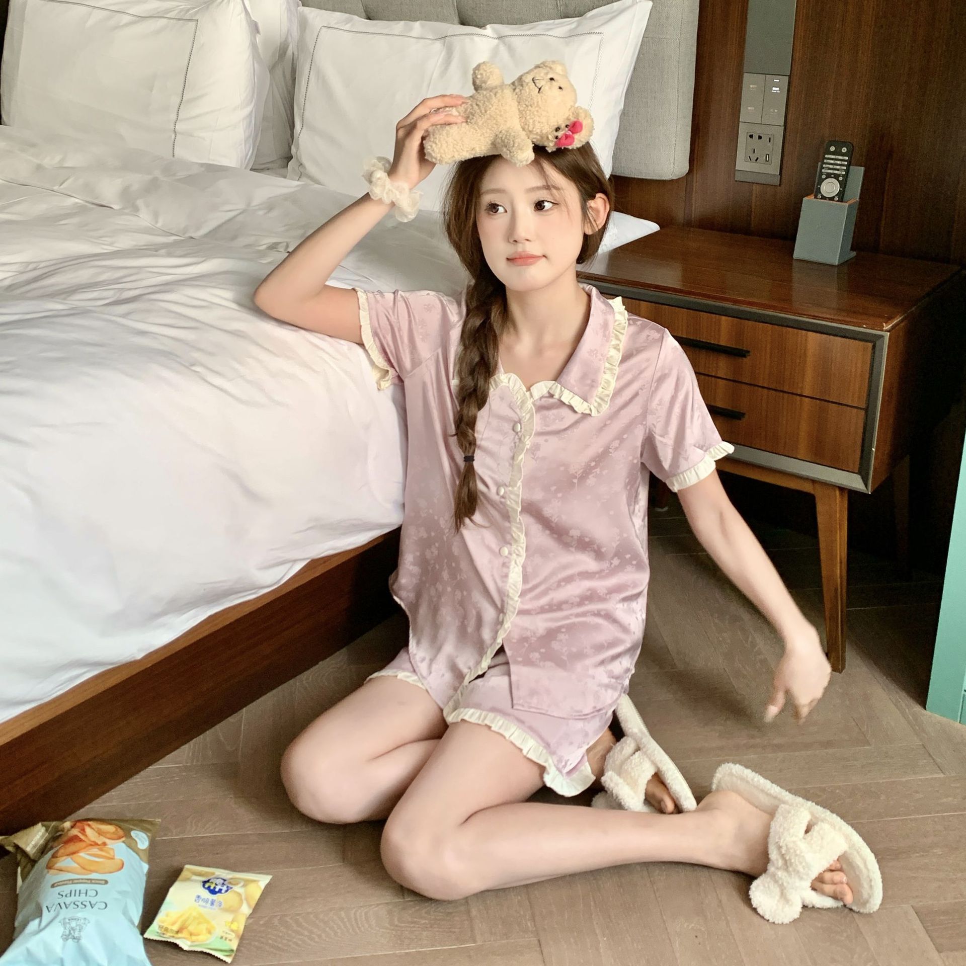 [Purple Doll Collar Three-Piece Set] Pajamas Women's Thin Short-Sleeved Pants Ice Silk Sweet Princess Style French Pajamas