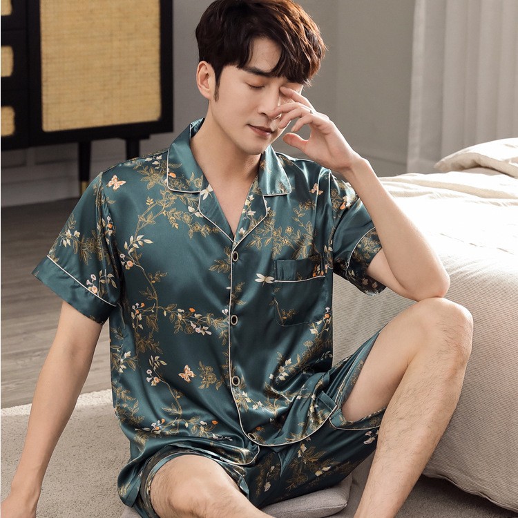 Yi Rui Cai ice silk pajamas men's summer short-sleeved shorts green printed thin middle-aged and elderly dad Silk plus size home wear