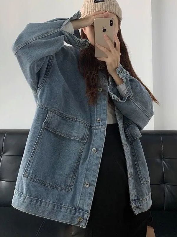 2023 BF Large Pocket Denim Coat Women's Spring and Autumn Mid-length Loose Slim-fit All-match Student Jacket Trendy Top