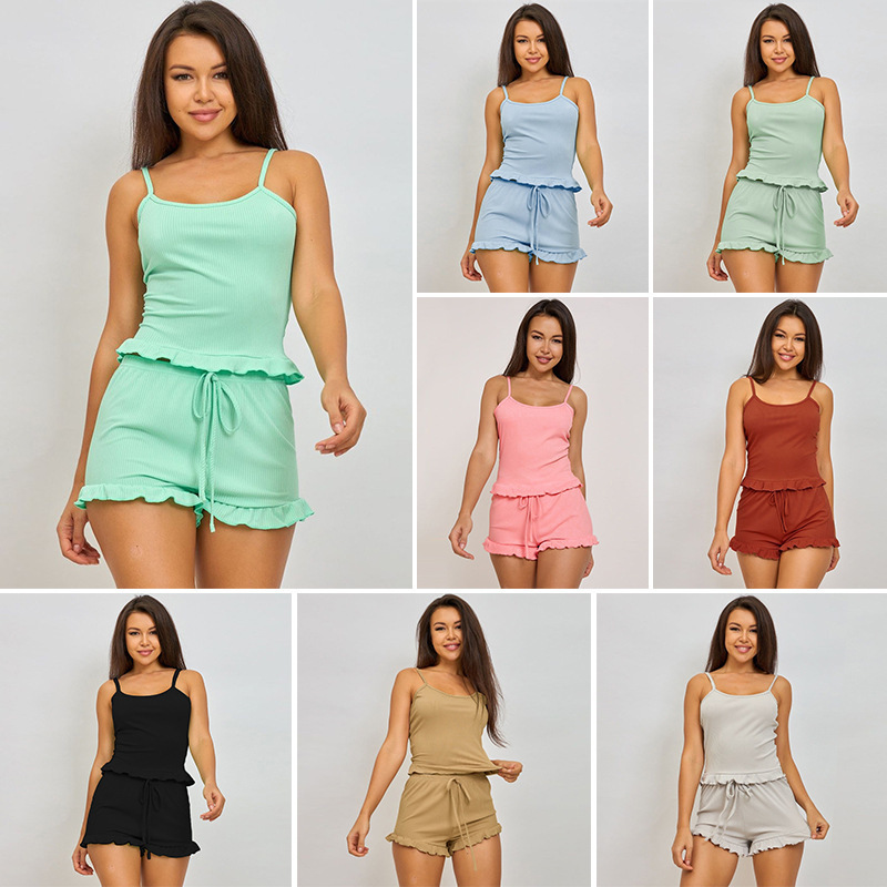 Pajamas for Women at Home with Suspenders, Ruffled Shorts, Casual Ribbed Pit Strips That Can Be Worn Outside, Cross-Border Home Clothes, Breathable and Cool