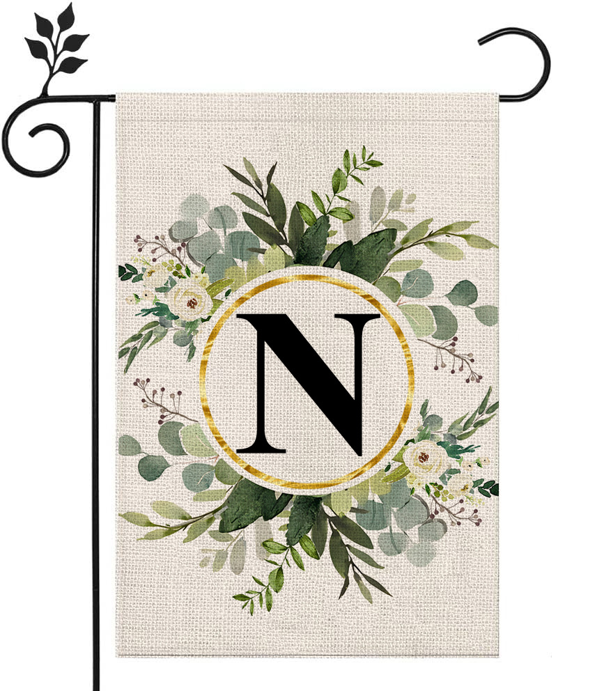 Picture of Simple ins style 26 letters + green plant printed linen garden flag surname initials courtyard door flag