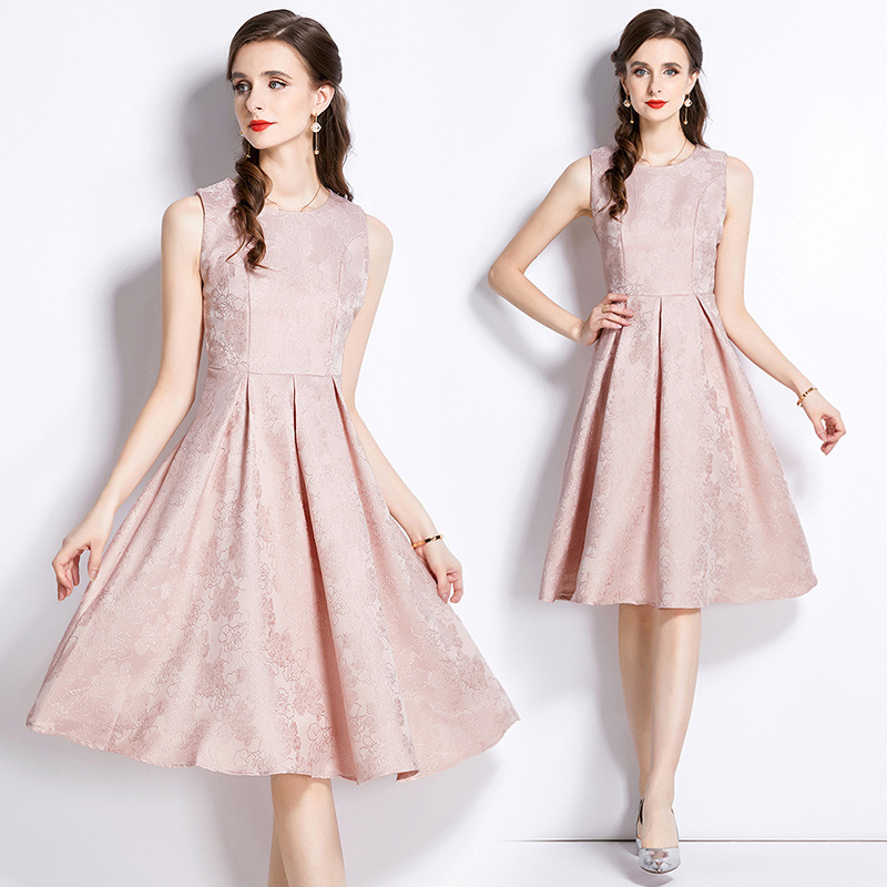 Real shot in stock new elegant slim waist color sleeveless vest jacquard dress