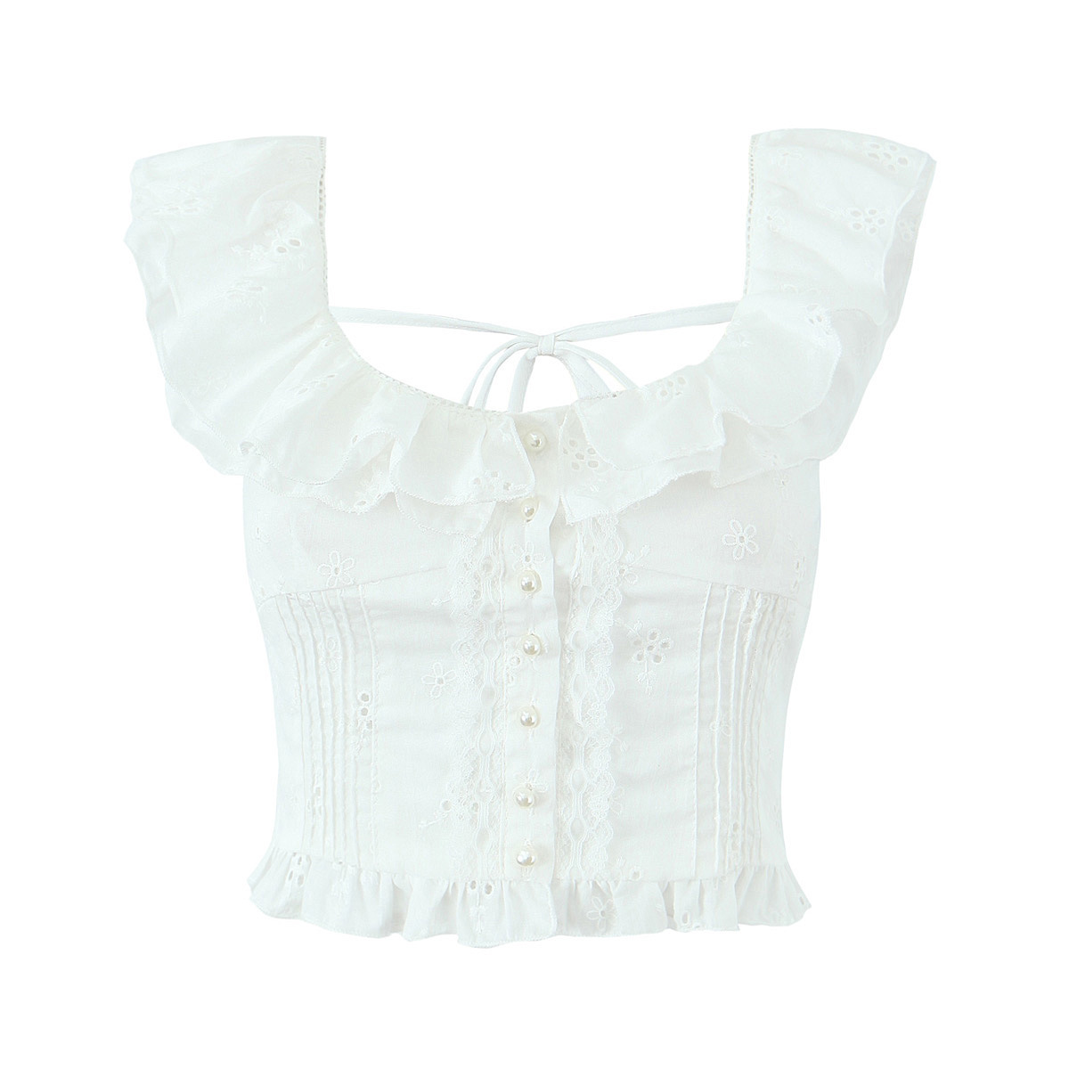 Pure Desire Style Lace Trim Flutter Sleeve Top for Women 2024 Summer New Hot Girl U-Neck Tie Waist Short T-Shirt