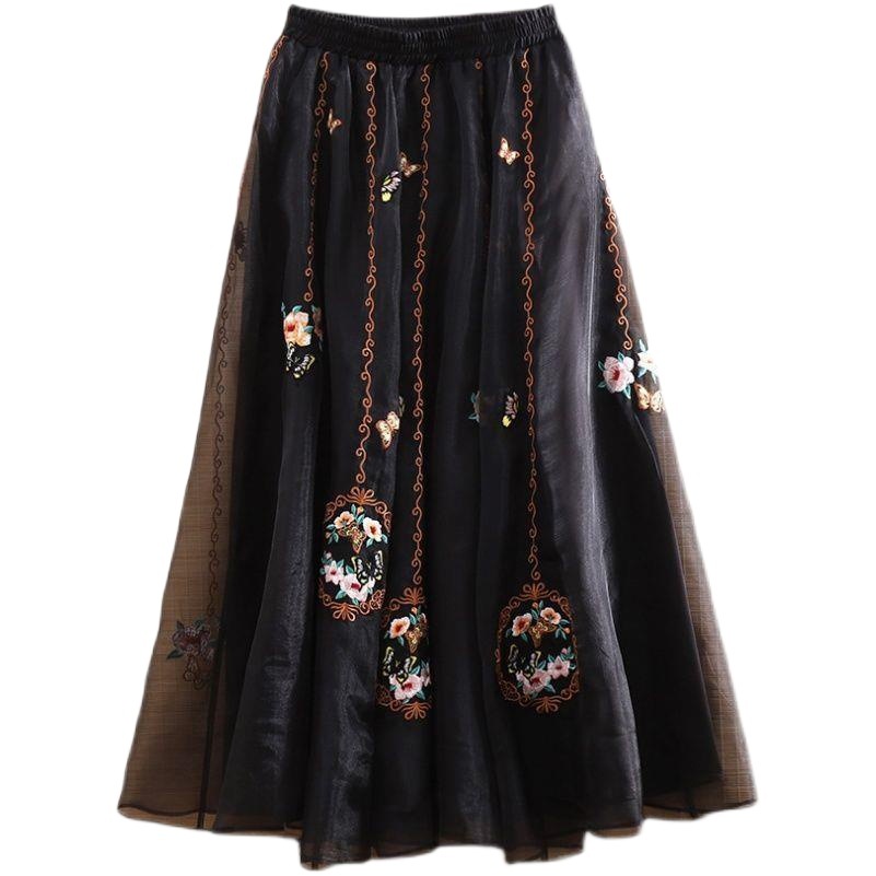 New Chinese Style Retro Skirt 2023 Summer New Fairy Skirt Embroidered Heavy Industry Antique Mid-length A- line Skirt for Women
