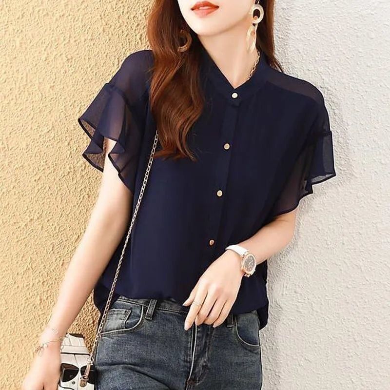 Picture of 2022 summer new western style all-match chiffon shirt flying sleeves solid color shirt beautiful loose thin slimming top