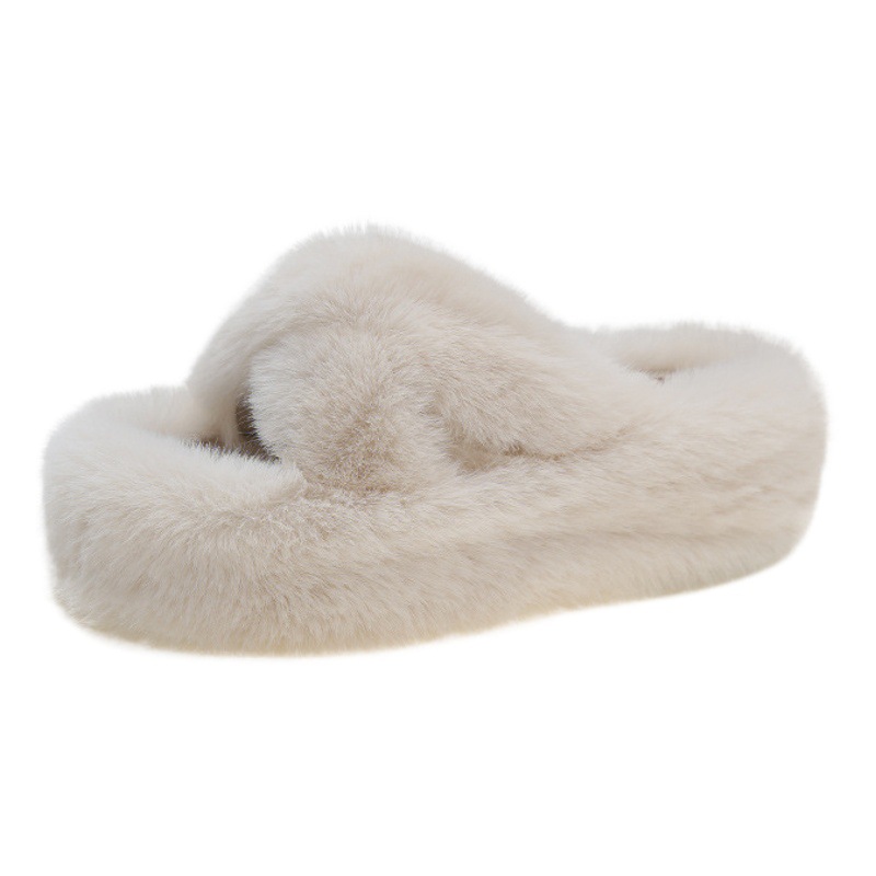 Upgraded 7cm thick bottom cross woolen slippers women's new Korean style flat cross with plush slippers cotton slippers