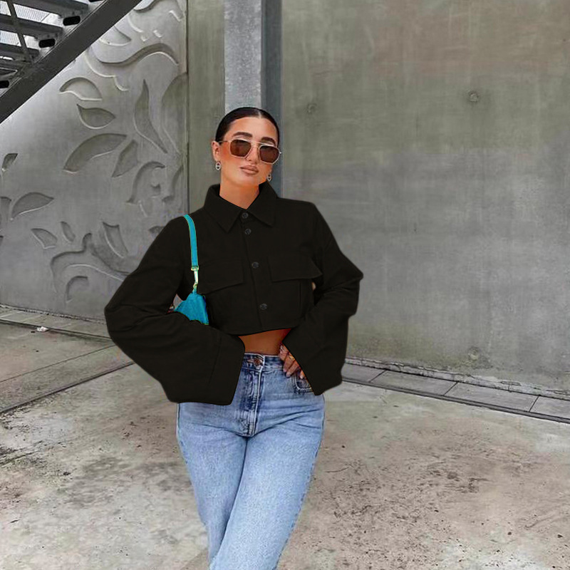 Picture of 2022 European and American Autum New Shirt Sense of Design Pure Color Flap Pocket Pants Short Design Sense of Design Casual Ins Top for Women