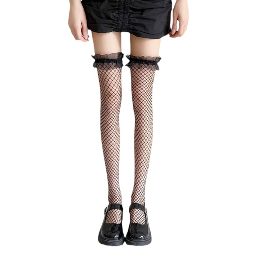 Mesh Stockings Black Lace Hollow-out Stockings Women Thin Lolita Net Stockings Black and White Lace Over-the-Knee Stockings Black