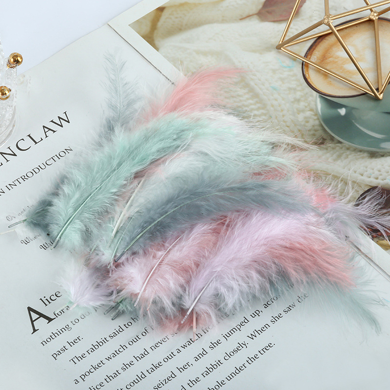 Picture of Feather decoration color turkey feather pointed tail velvet dream catcher net material wave ball gift box filler shooting props