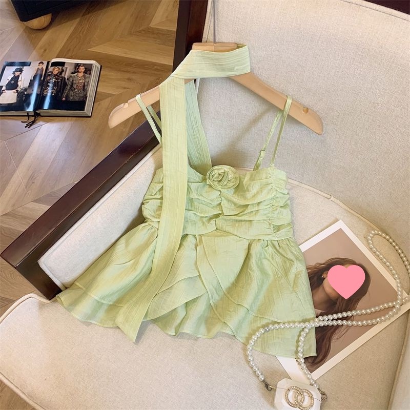 French Niche Three-Dimensional Floral Pleated Ruffled Camisole Women's Summer Pleated Backless Neck Lace-Up Top