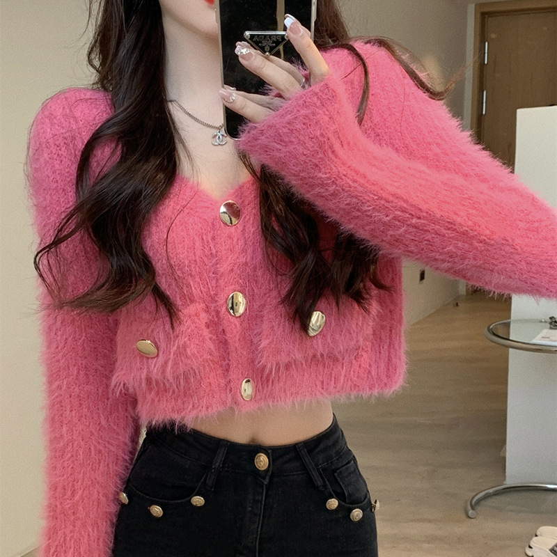 Small sweater King fashionable popular short navel sweater cardigan 2023 autumn and winter faux mink velvet top