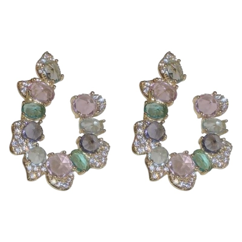 Exaggerated and Exquisite Irregular U-shaped Super Flash Color Diamond Earrings Fresh Temperament Girly Earrings Internet Celebrity Explosions