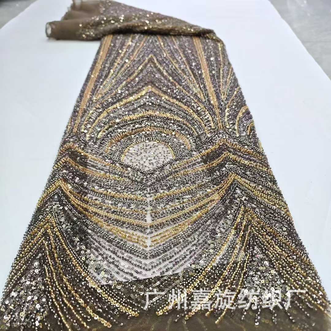 African bridal sequins laceAfrican heavy industry bead tube sequin embroidery wedding dress evening dress fabric