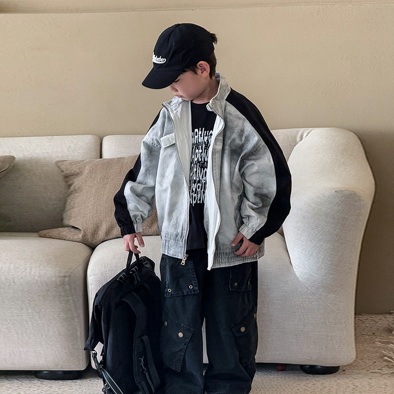 Children's Inkjet Jacket 2025 Spring New Boys' Korean Style Stand Collar Handsome Clothes Children's Spring Zipper Shirt