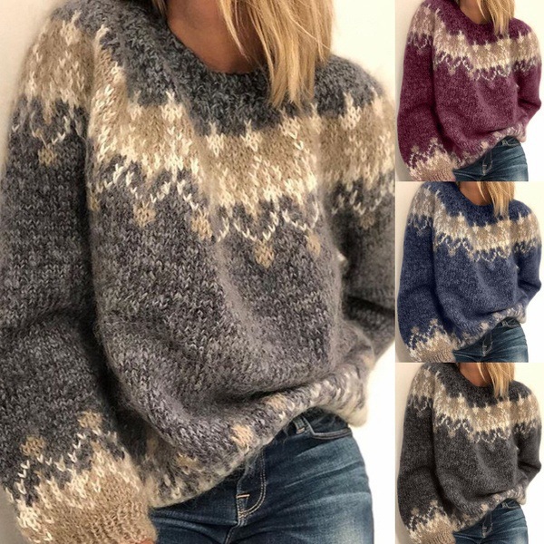 Cross-border European and American wishebay New Women's Autumn and Winter Casual Loose Mauhair Coarse Knitted Jacquard Women's Sweater