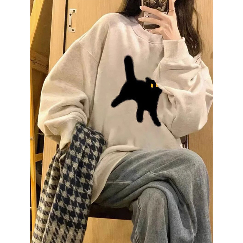 Picture of American Retro Oversize Round Neck Sweatshirt for Women 2025 New Spring and Autum Gray Velvet Early Autum Outwear Top