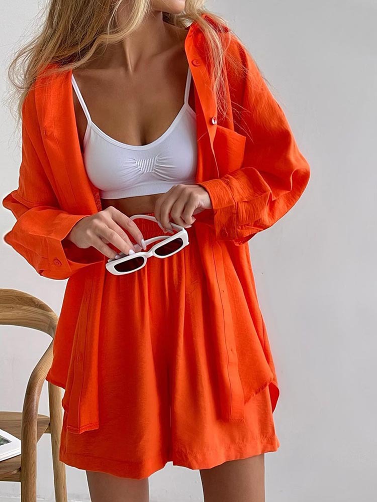Picture of Casual plus size Long-sleeved Single-breasted Shirt Shorts Two-piece Set Elegant Spring and Autumn Loose Fashionable Solid Color Sports suit