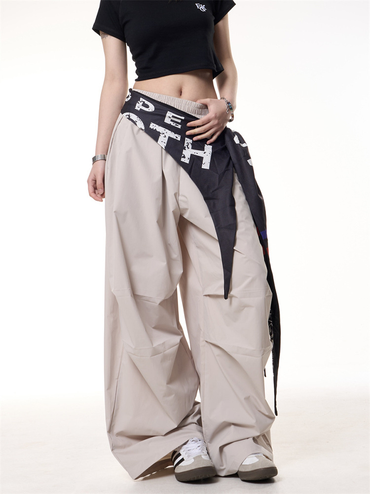 American Retro Detachable Cargo Parachute Pants for Women, Street Dance Long Pants with Pleated Design, Loose Wide-Leg Pants
