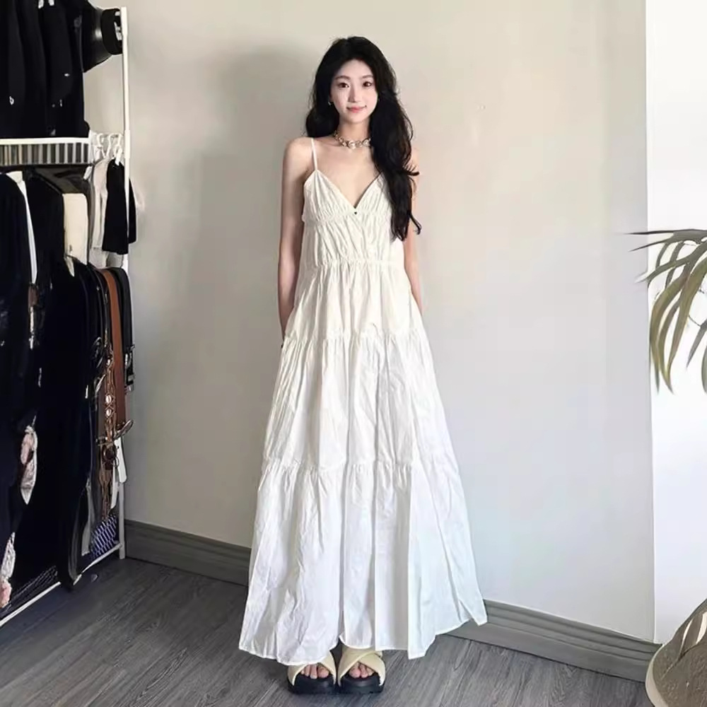 Seaside Holiday French Long Dress 2024 New Summer High-end Sleeveless V-neck White Sling Dress for Children