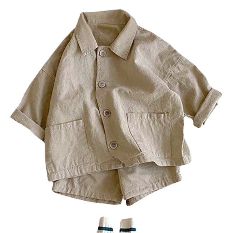 Ins Korean Style Boys and Girls Summer New suit Fashionable Handsome Lap Collar Shirt Shorts Children's Casual Two-piece Set