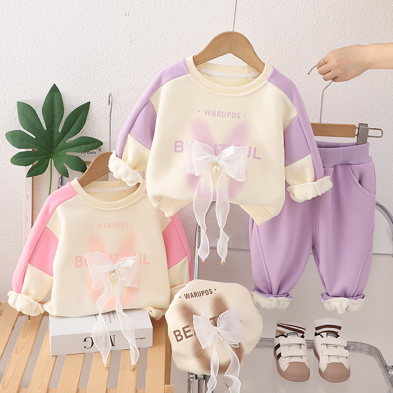 Girls' Baby Winter Clothes suit 2024 New Western Style Winter Children's fleece-lined Bow Color-matching Sweat Two-piece Set