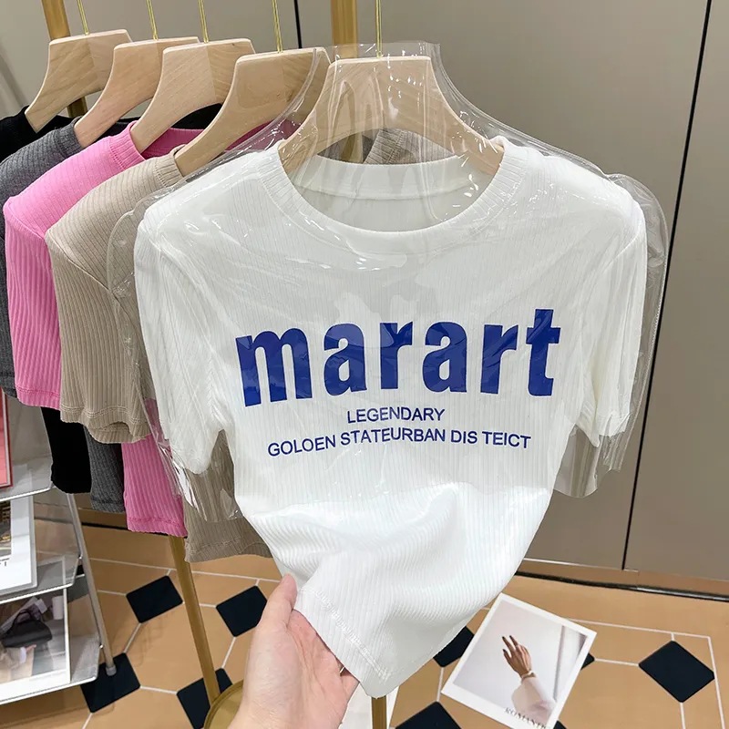 European Letter Printing Short-sleeved White T-shirt Women's Summer 2024 New Design Sense Small-sized Shoulder Top Women's Trendy