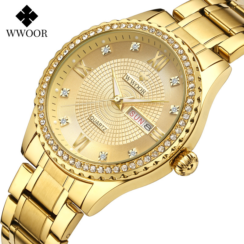 Wdoor Brand 8856 Couple's Watch Waterproof Luminous Watch Butterfly Snap Buckle Steel Strap Men's Diamond Gold Watch