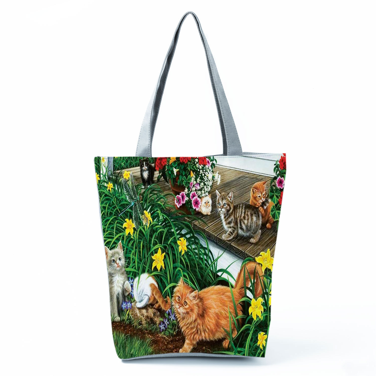 Picture of New cute flower cat printed shoulder bag portable travel storage bag large capacity outdoor tote bag